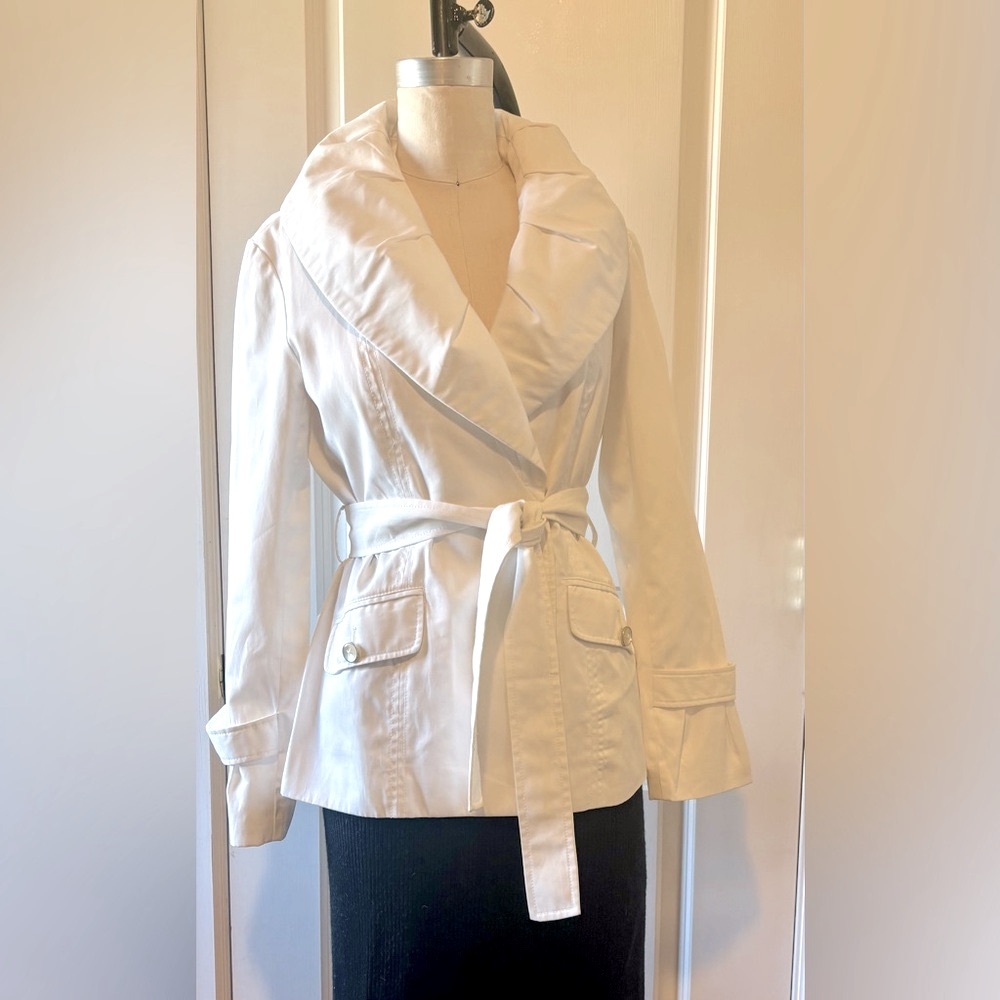 White House Black Market White Trench Coat Wrap Style